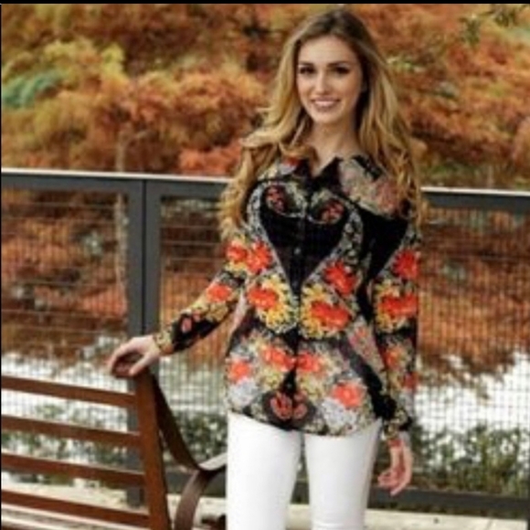 CAbi 3072 Floral Print Semi Sheer Button Up Shirt - Picture 2 of 8